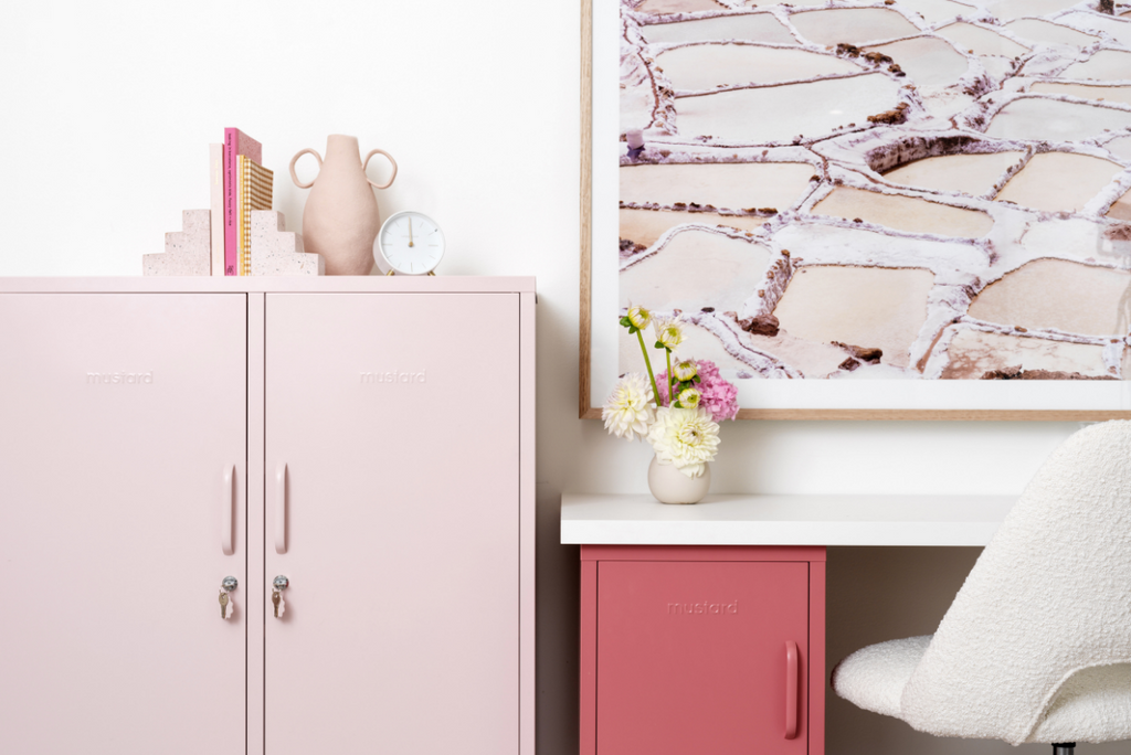 Mustard locker desk the Shorty bedside table and the Midi cabinet in Blush and Berry pink