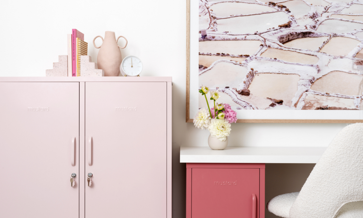 Mustard locker desk the Shorty bedside table and the Midi cabinet in Blush and Berry pink