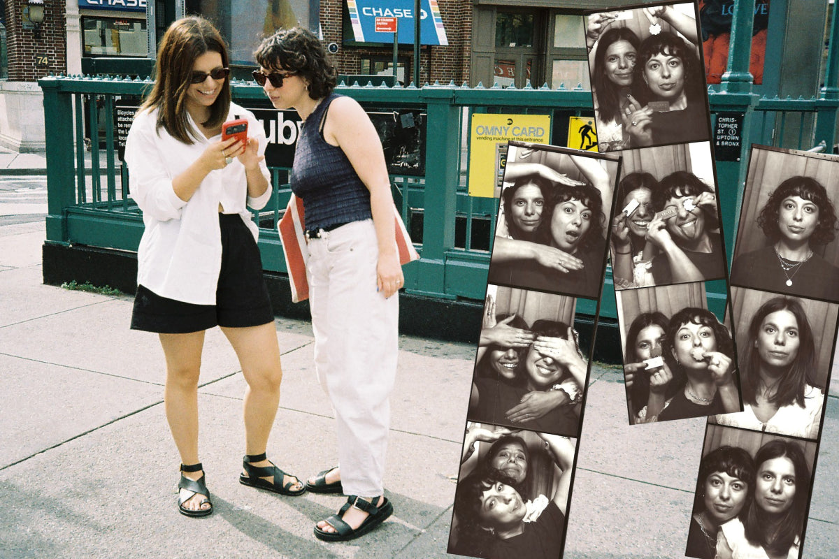 Becca and Jess outside a New York subway entrance, beside black and white photo booth strips of the sisters