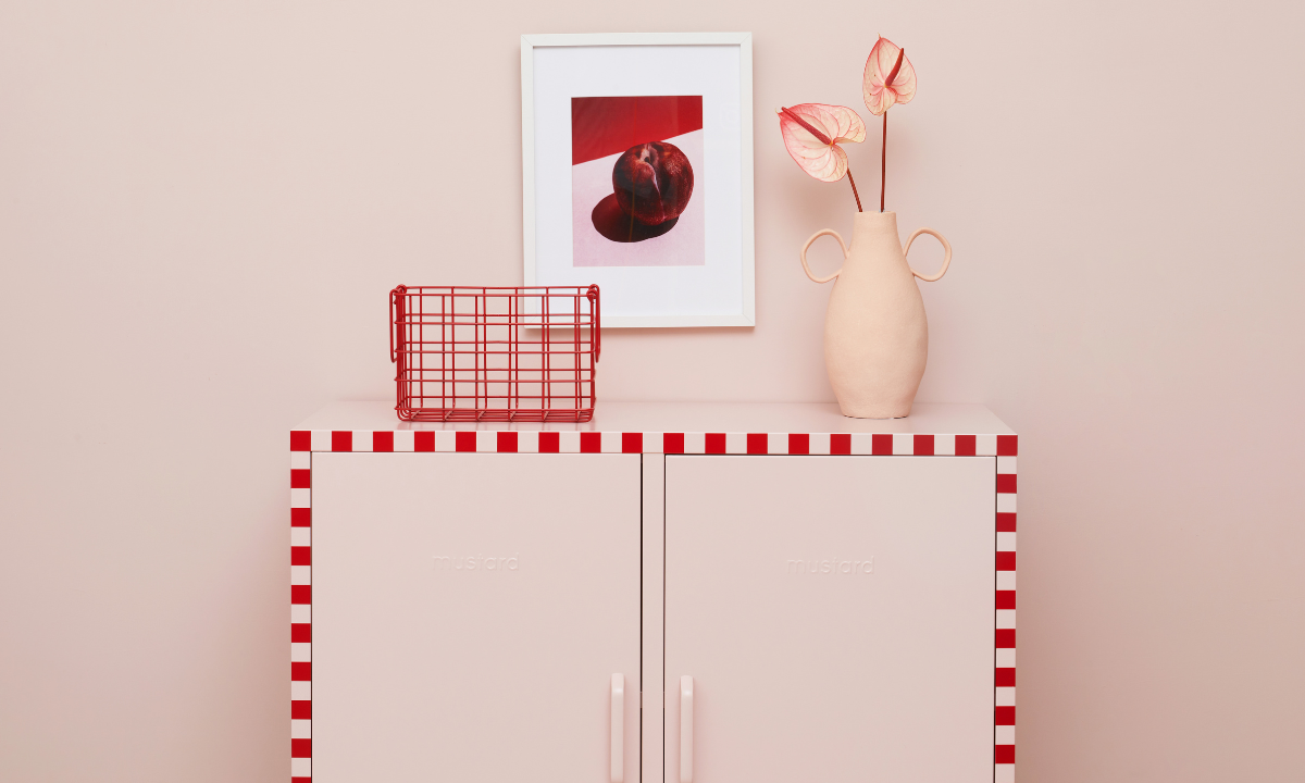 The Midi in Blush Locker with red checkerboard vinyl decals