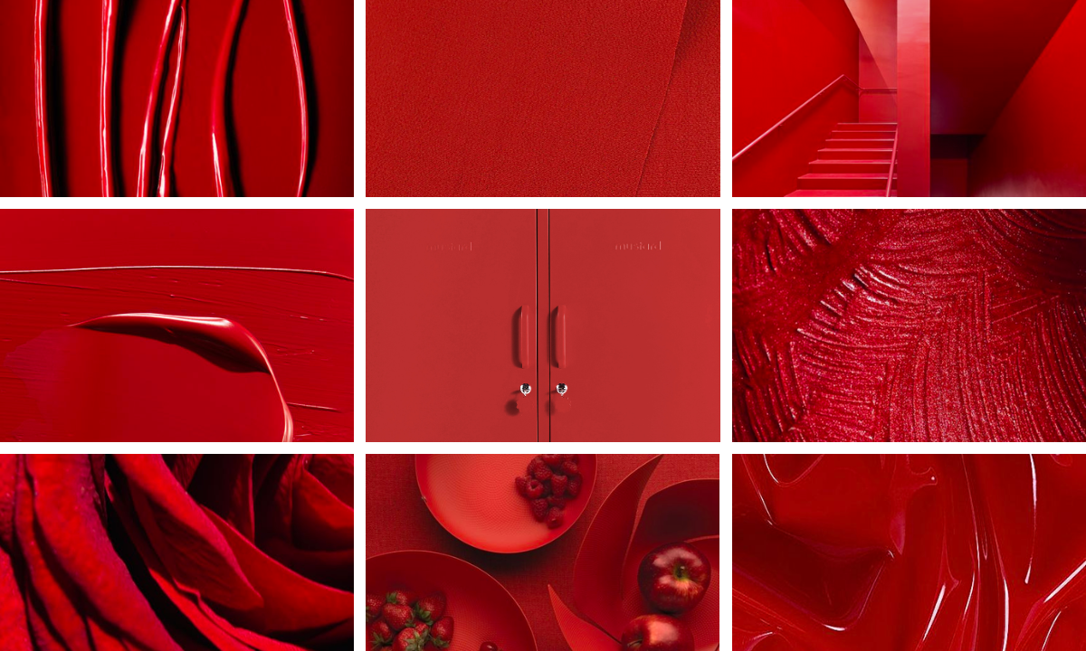 A grid of 9 close up images of different textures in Poppy red.