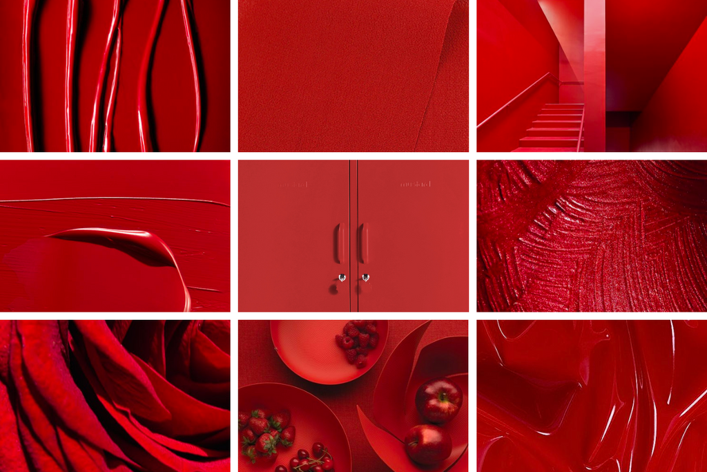 A grid of 9 close up images of different textures in Poppy red.